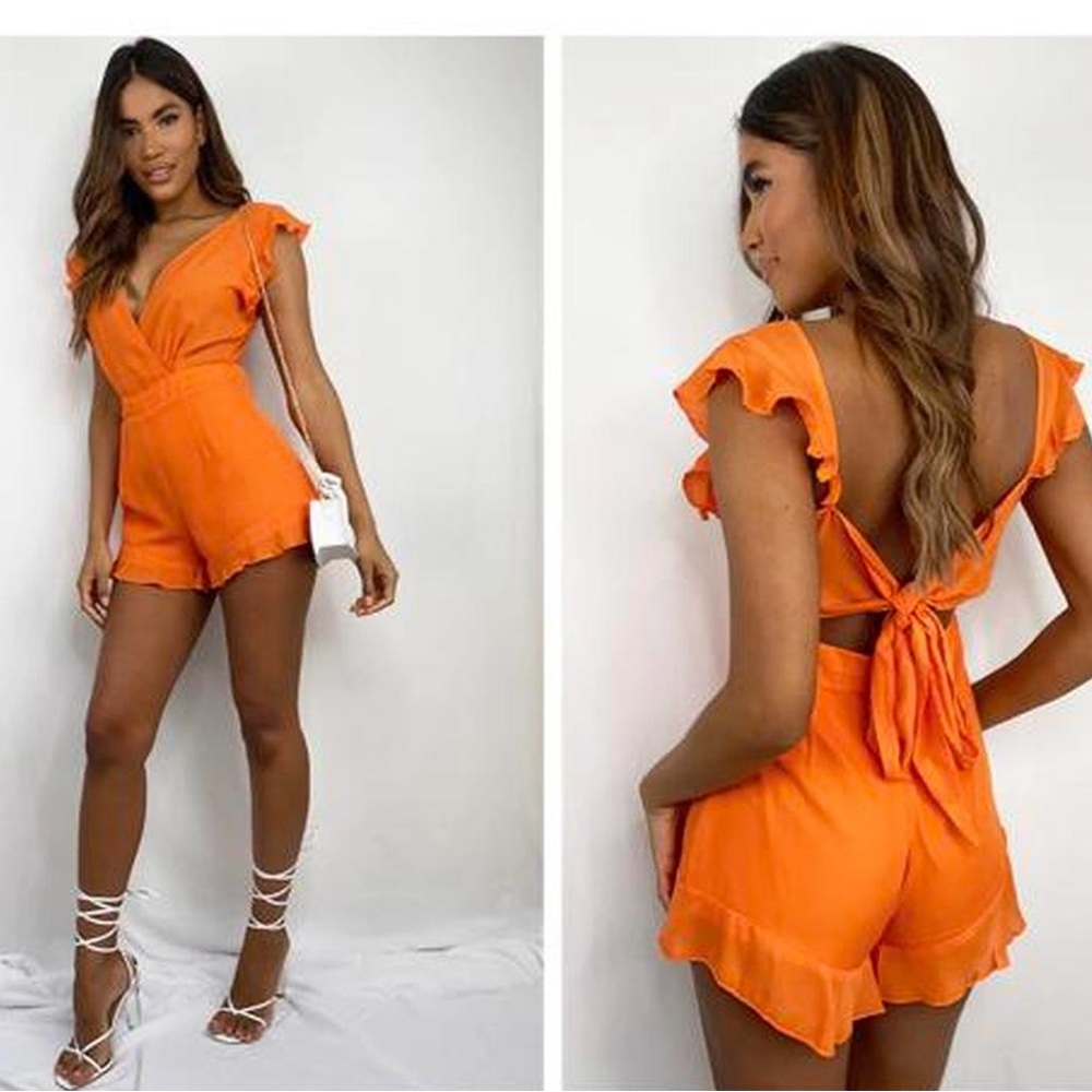 PrettyLittleThing Orange Ruffle Sleeve Romper